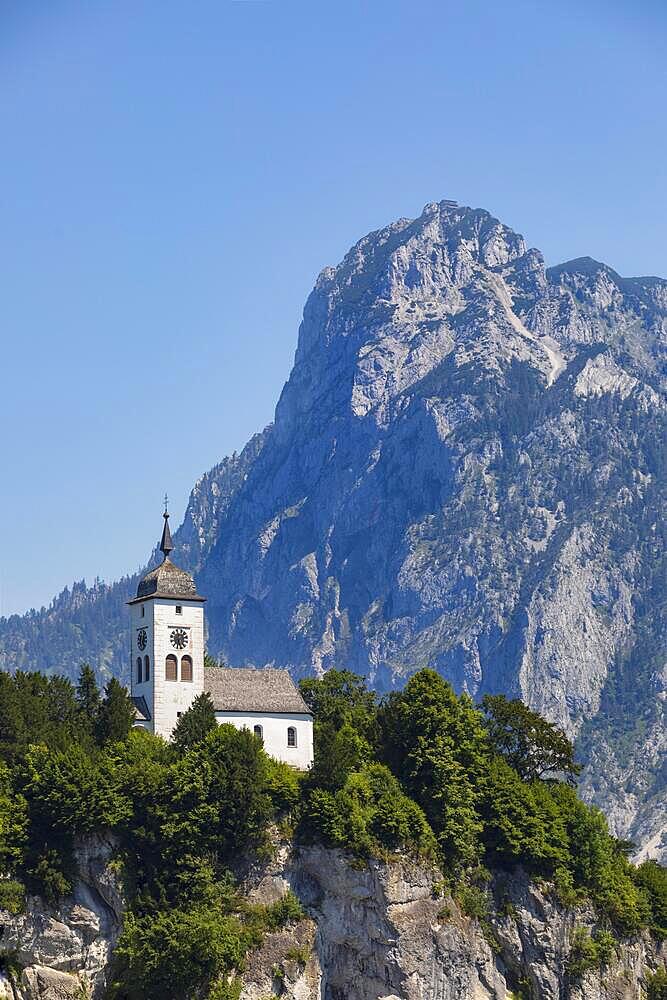 Drone shot, panorama shot, Johannesberg Chapel, Traunkirchen with Traunstein, Lake Lake Traun, Salzkammergut, Upper Austria, Austria, Europe