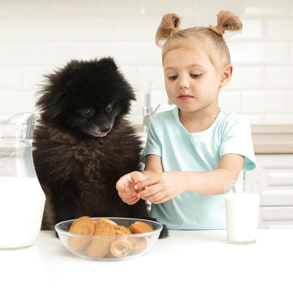 Little girl drinking milk playing with dog