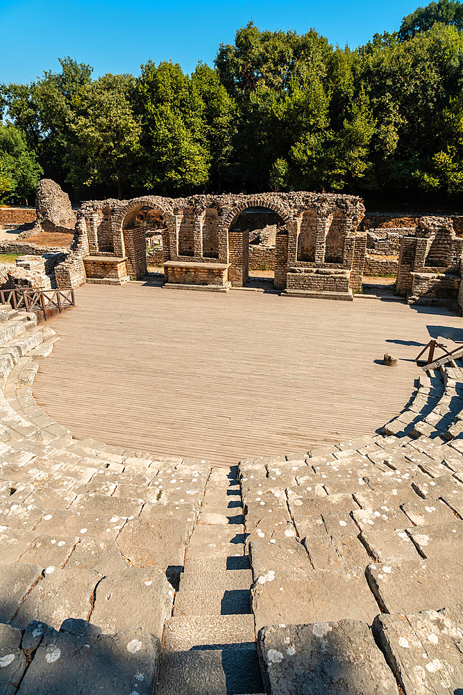 Theater and amphitheater in the archaeological ruins of Butrint or Butrinto National Park in Albania