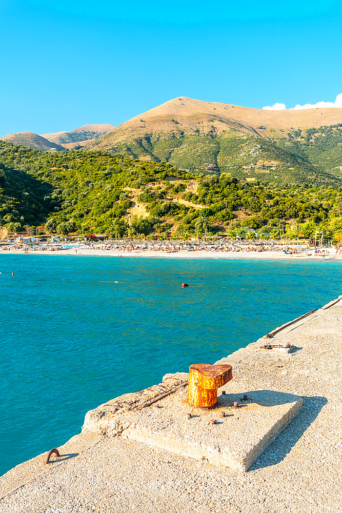 Albanian riviera beach pier near Vlore in summer vacation, Albania, Europe