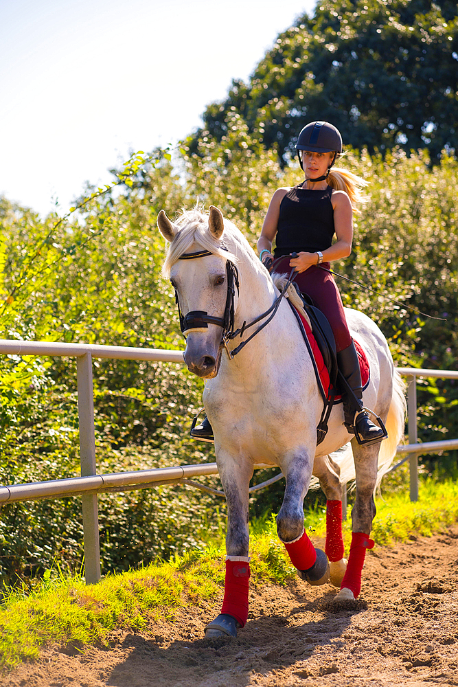 A Caucasian blonde girl riding on a white horse, dressed in black rider with safety hat