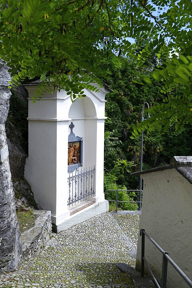 Pilgrimage route with chapels to the Madonna del Sasso pilgrimage church, Canton Ticino, Switzerland, Europe