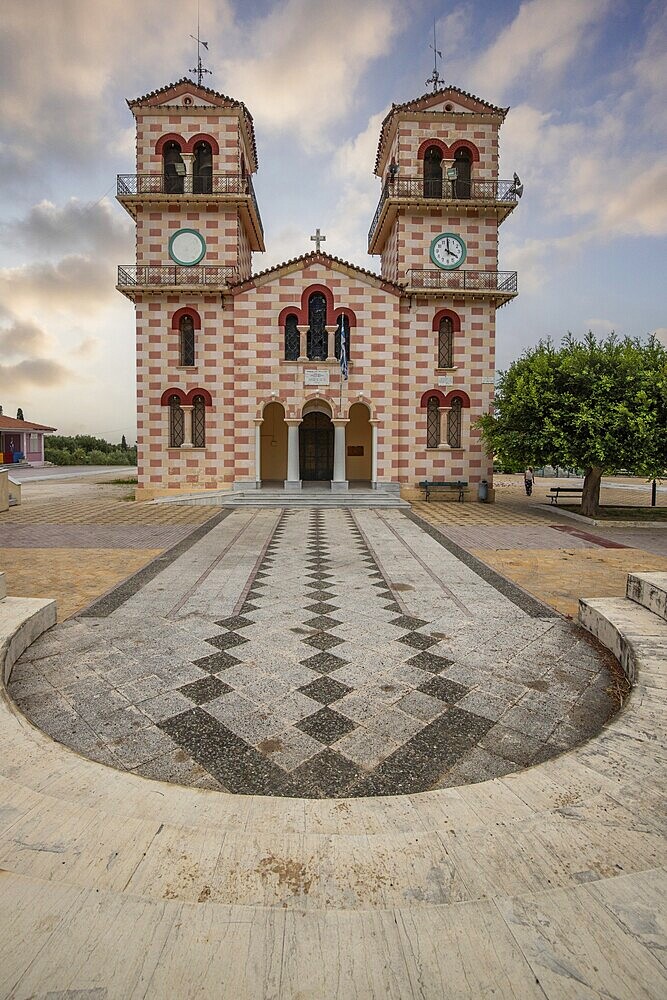 Large typical Greek church in the Mediterranean architectural style of Greece. Sunset at Katastari St Theodore in Katastari, Zakynthos, Ionian Islands, Greece, Ionian Islands, Greece, Europe