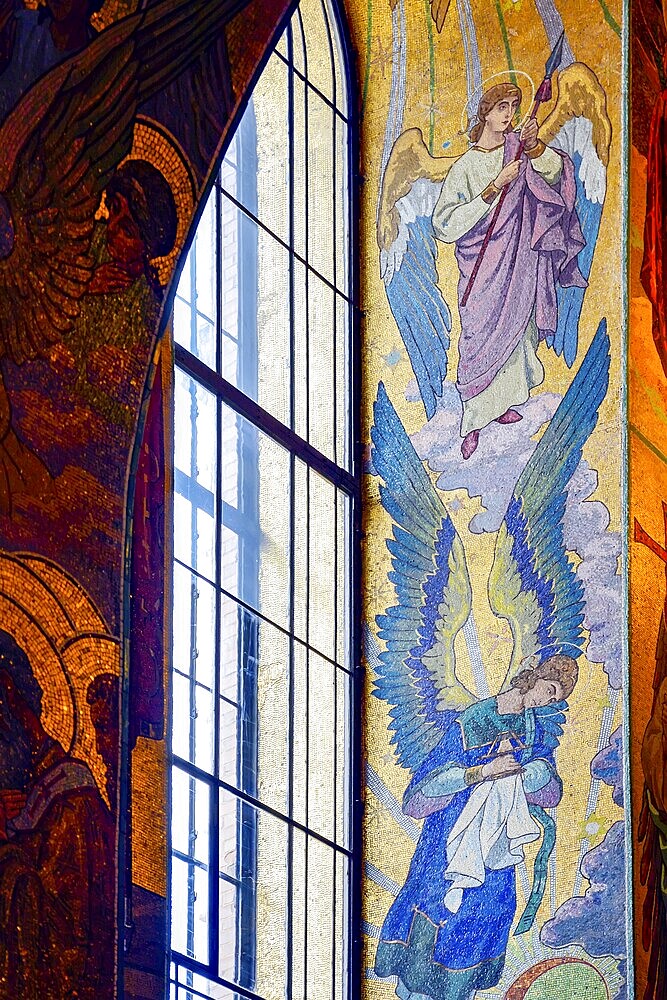 Window with frescoes and tiles in the Church of the Savior on Spilled Blood in the city of Saint Petersburg in Russia, Saint Petersburg, Russia, Europe