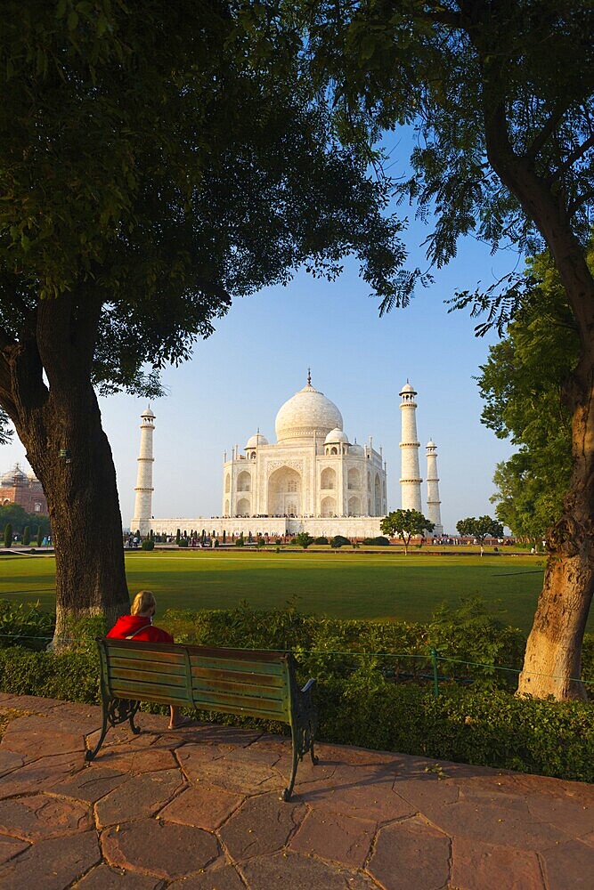 The Taj Mahal framed by the pleasant greenery of shrubs and trees along a footpath in Agra, India, Asia