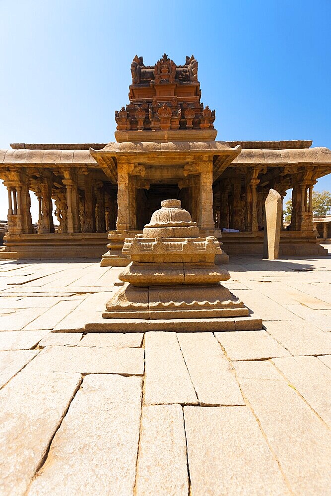 The front courtyard and entrance of the beautiful and ancient stone carved Sri Krishna Temple in Hampi, Karnataka, India, Asia