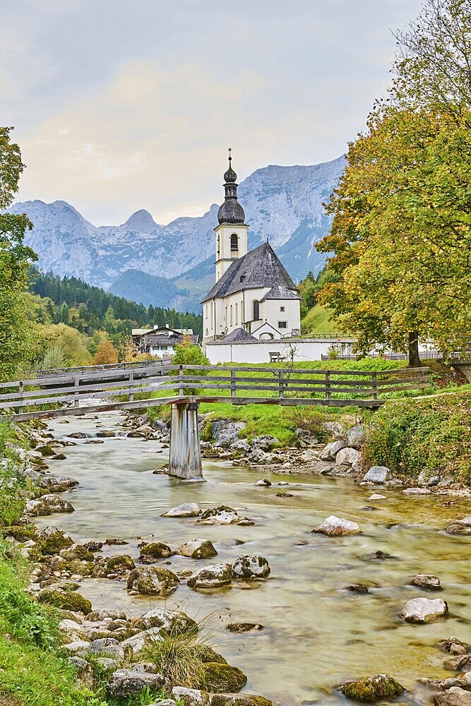 Church St. Sebastian in Ramsau, Ramsauer Ache River in autumn, Idyllic village, Berchtesgadener Land, Bavaria, Germany, Europe