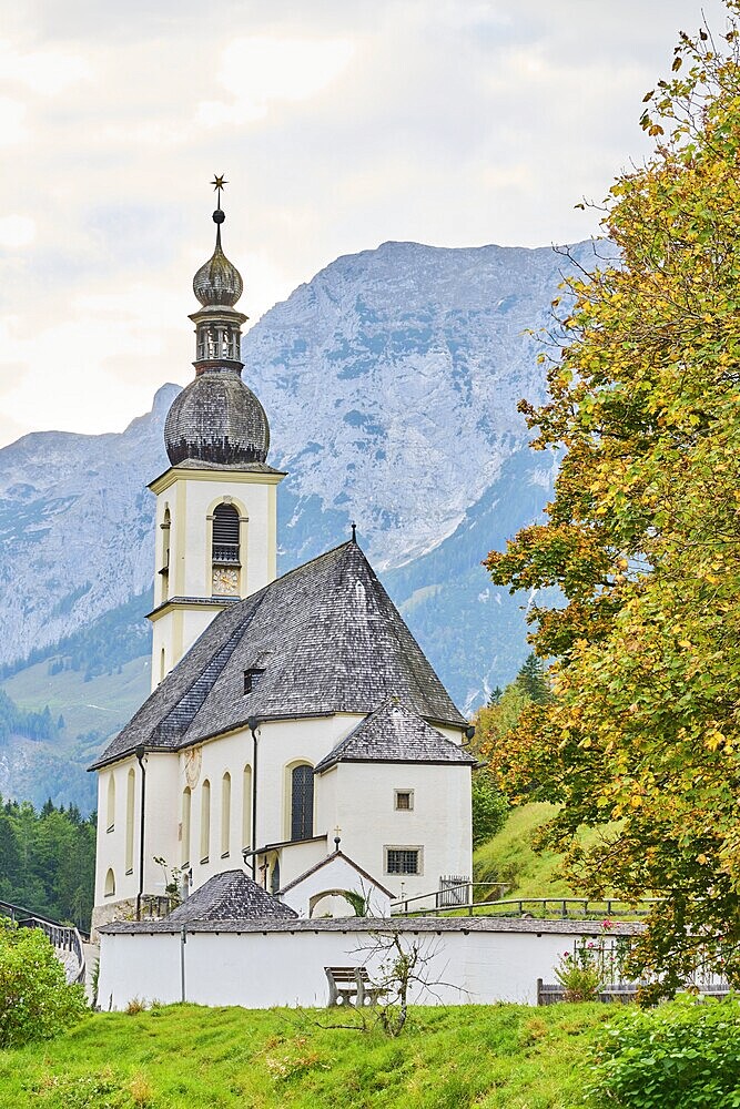 Church St. Sebastian in Ramsau, Ramsauer Ache River in autumn, Idyllic village, Berchtesgadener Land, Bavaria, Germany, Europe