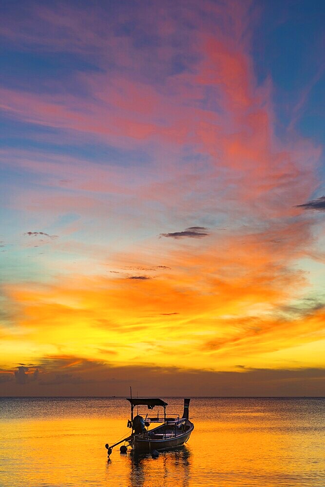 Longtail boat in sunset, sunset, horizon, evening light, boat, sun, evening mood, cloudy sky, colourful, orange, wooden boat, sea, calm, tranquillity, emotion, journey, holiday, beach, tourism, holiday mood, holiday paradise, paradise, evening sky, romantic, cloud, sky, dream holiday, coast, wanderlust, seascape, seascape, serenity, mood, symbolic, dusk, silhouette, light, weather, climate, Thailand, Asia