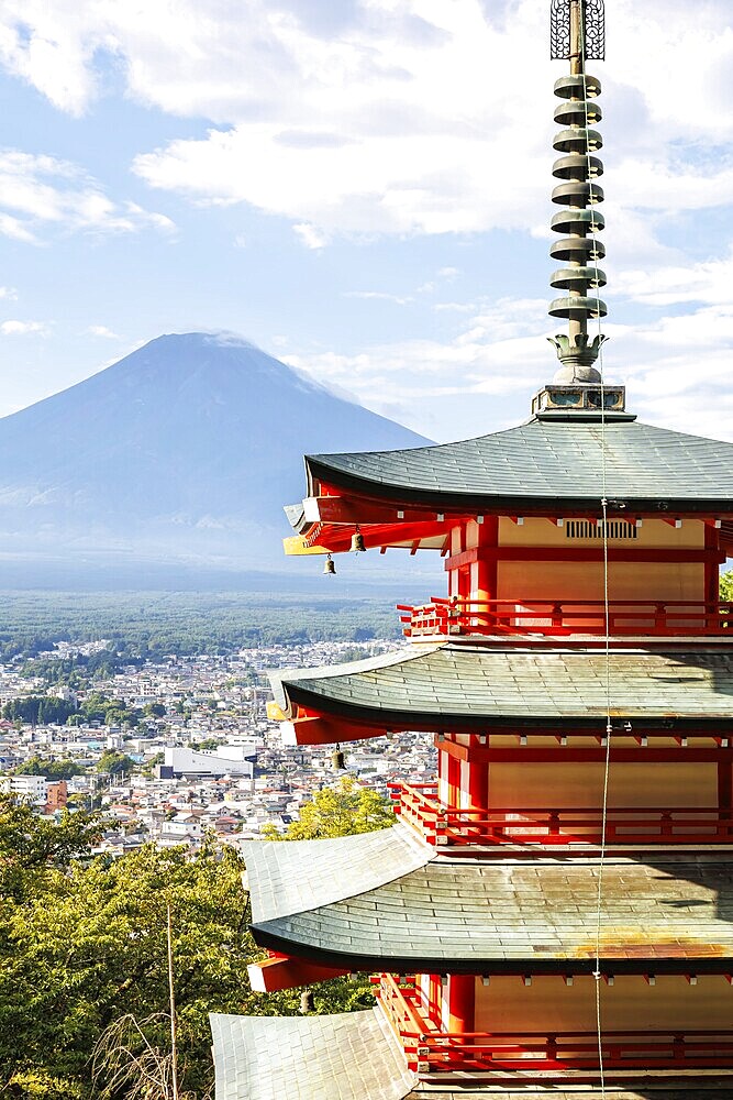 View of Mount Fuji with Chureito Pagoda in Arakurayama Sengen Park in Shimoyoshida, Japan, Asia