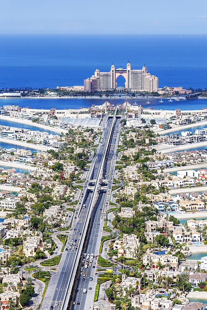 The Palm Jumeirah with Atlantis Hotel artificial island from above in Dubai, United Arab Emirates, Asia