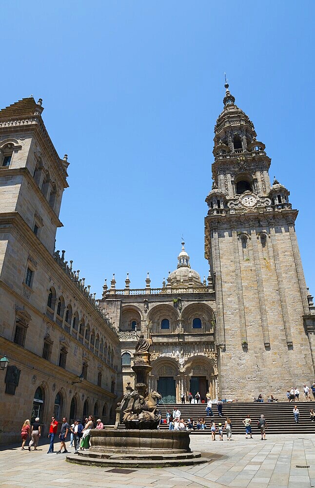 Historic cathedral with high bell tower on a lively square, cathedral, Fonte dos Cabalos, Fountain of the Horses, Praza das Praterías square, Santiago de Compostela, autonomous community of Galicia, place of pilgrimage, destination of the Way of St James, Spain, Europe