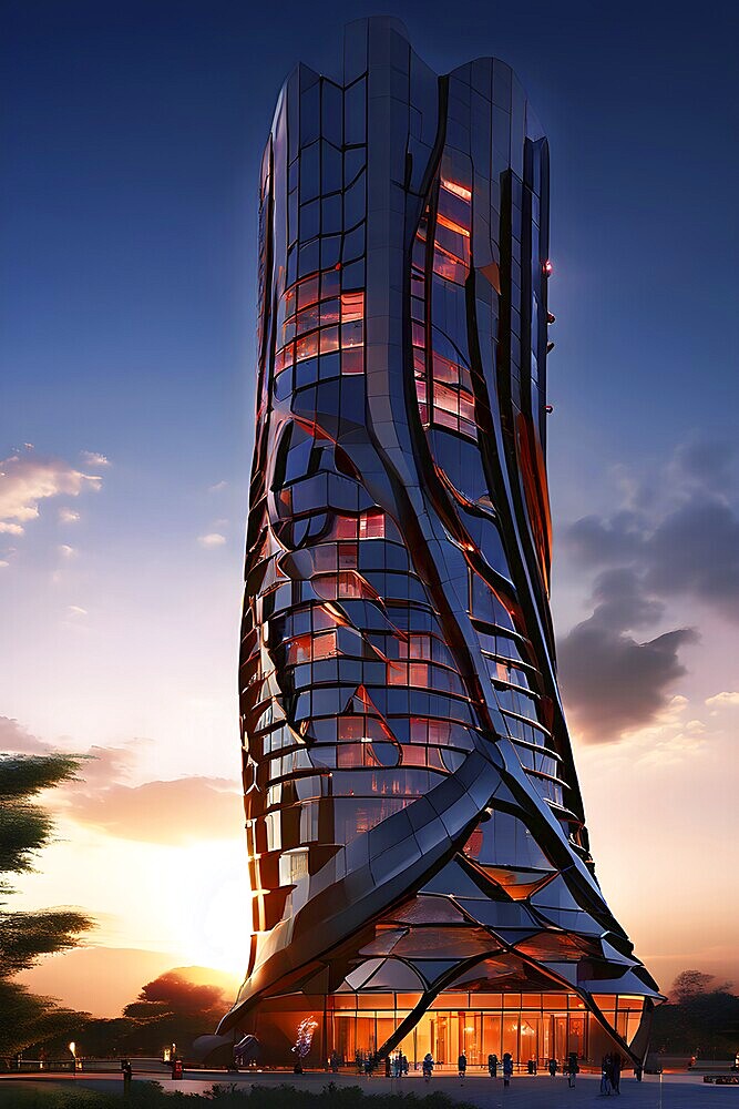 Futuristic skyscraper with termite mounds for natural ventilation and energy efficiency, AI generated