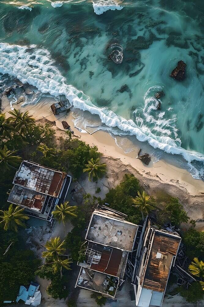 Aerial view of apocalyptic hurricane scene at a destroyed beach resort, AI generated