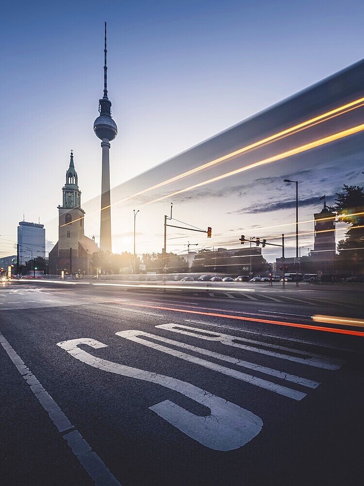 Berlin TV Tower with traces of light in the morning, Alexanderplatz, Berlin, Germany, Europe