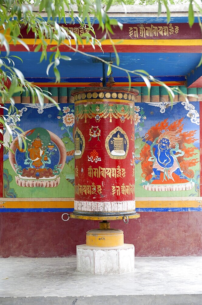Tibetan Buddhism, large colorful prayer wheel, mural paintings, below the Spituk Monastery near Leh, Spituk Gompa, Ladakh region, Jammu and Kashmir, India, South Asia, Asia