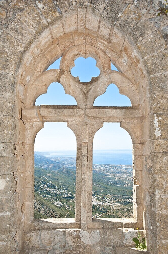 Gothic tracery, decorated window, St. Hilarion Castle, crusader castle, overlooking sea and coast, Northern Cyprus