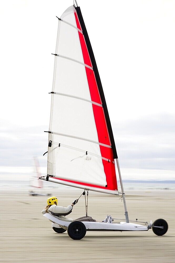Sand yacht land sailing on the coast of Brittany, France, Europe