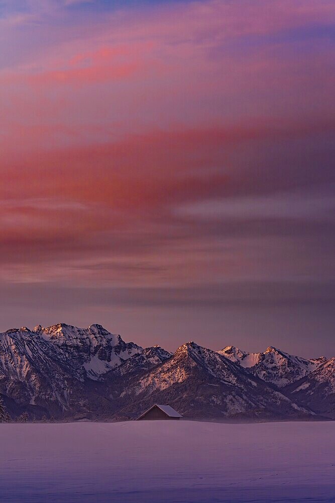 Winter landscape in the Allgäu near Halblech at sunrise