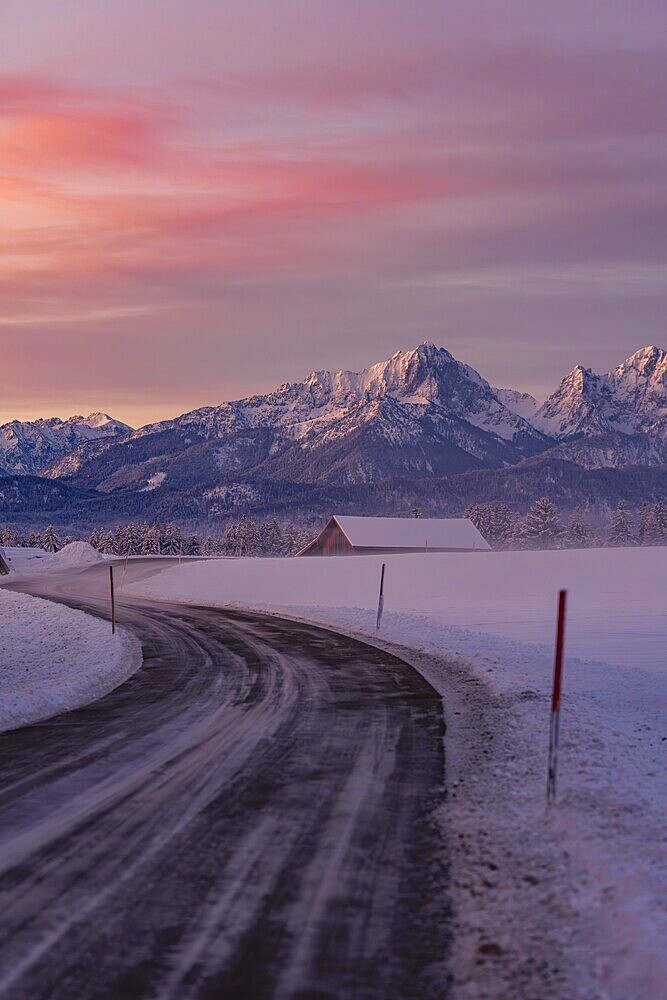 Winter landscape in the Allgäu near Halblech at sunrise