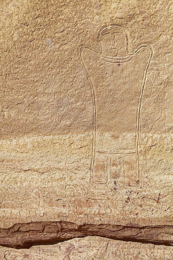 Prehistoric rock carving, man with penis, Desert, Wadi Rum, Jordan