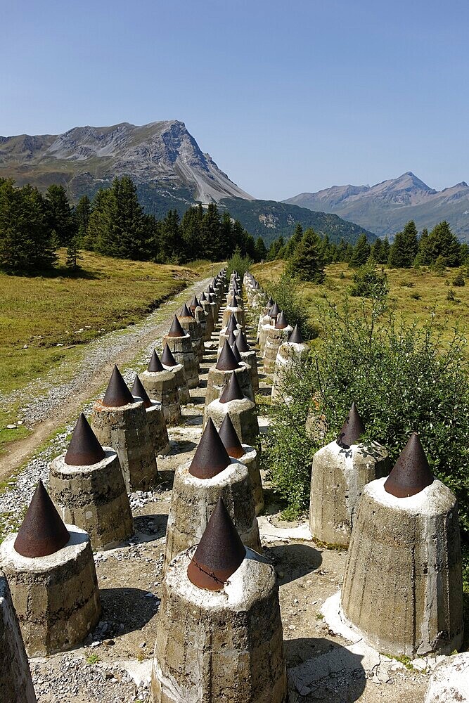 Tank barrier, defence system Plamort, World War II, to protect Italy from Nazi Germany, near Biotop Plamorter moss, raised bog, at Reschenpass, Vinschgau, South Tyrol, Italy
