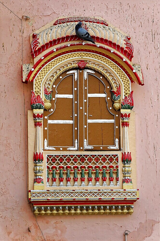 Rat temple of Karni Devi, near Bikaner, Rajasthan, India, A traditionally decorated window with a dove on top, Rajasthan, North India, India