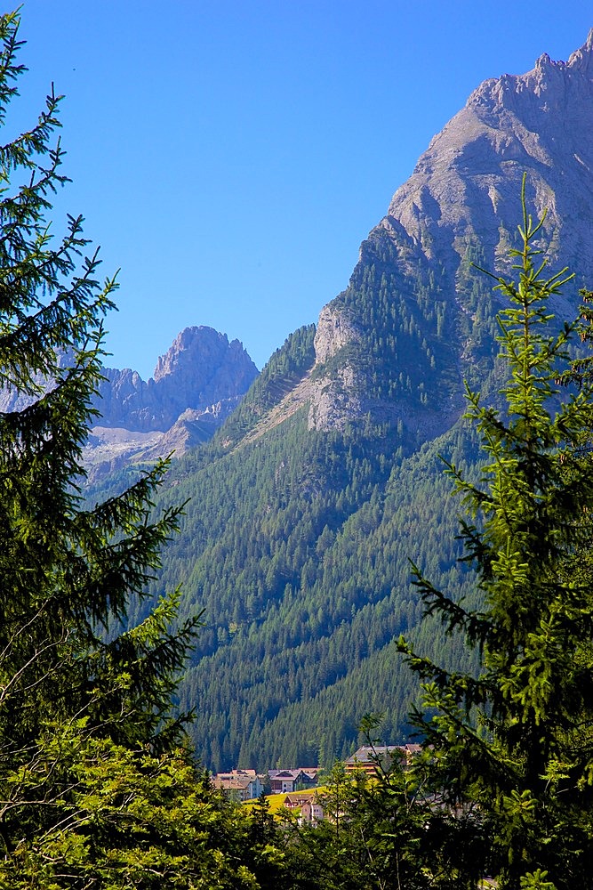View over town, Canazei, Val di Fassa, Trentino-Alto Adige, Italy, Europe