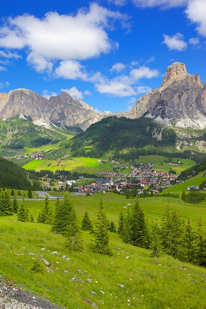 Corvara and Sass Songher Mountain, Badia Valley, Bolzano Province, Trentino-Alto Adige/South Tyrol, Italian Dolomites, Italy, Europe