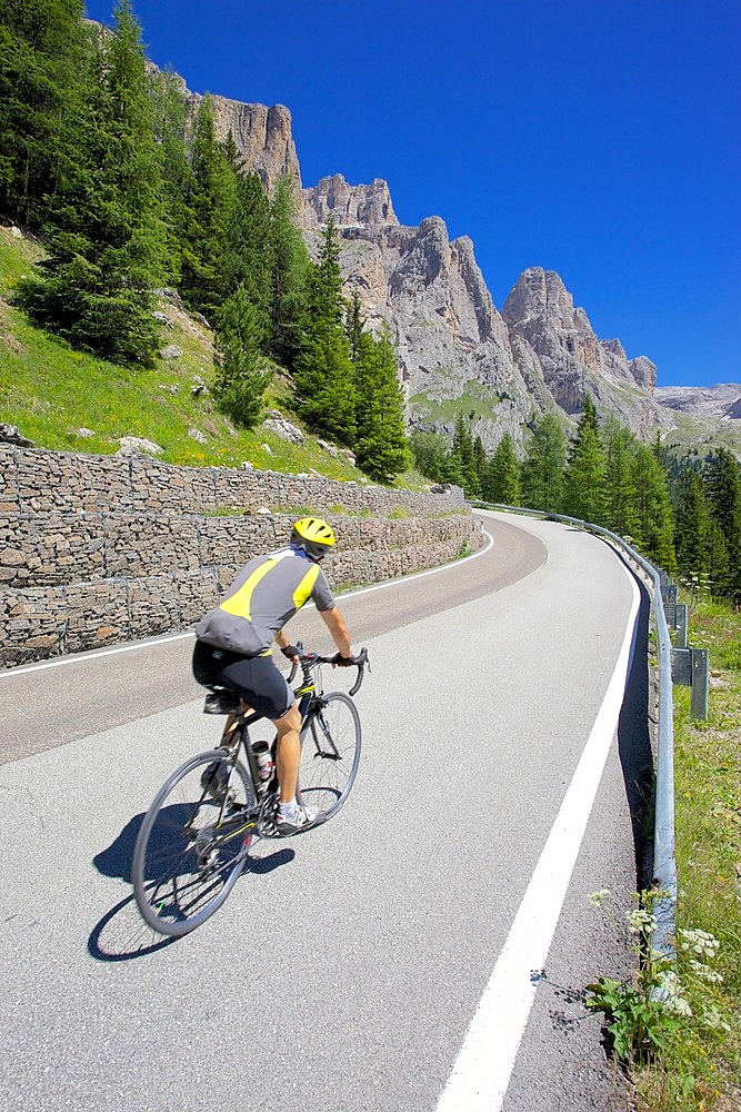 Cyclist, Sella Pass, Trento and Bolzano Provinces, Italian Dolomites, Italy, Europe