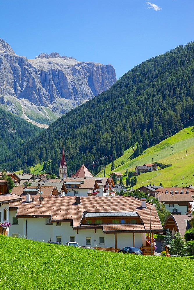 View over town, Selva Gardena, Gardena Valley, Bolzano Province, Trentino-Alto Adige/South Tyrol, Italian Dolomites, Italy, Europe