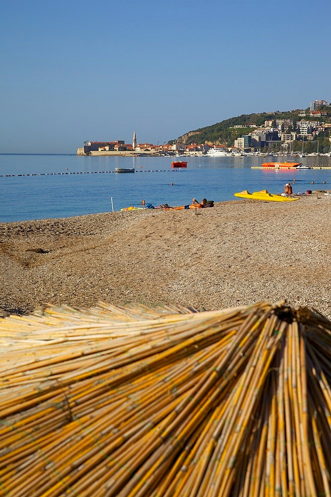 View of Budva Old Town and Beach, Budva Bay, Montenegro, Europe