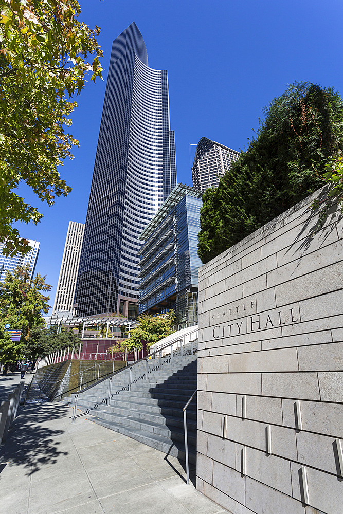 Architecture of steel and glass in the Columbia Tower and Seattle City Hall sign on 4th Avenue, Downtown, Seattle, Washington State, United States of America, North America