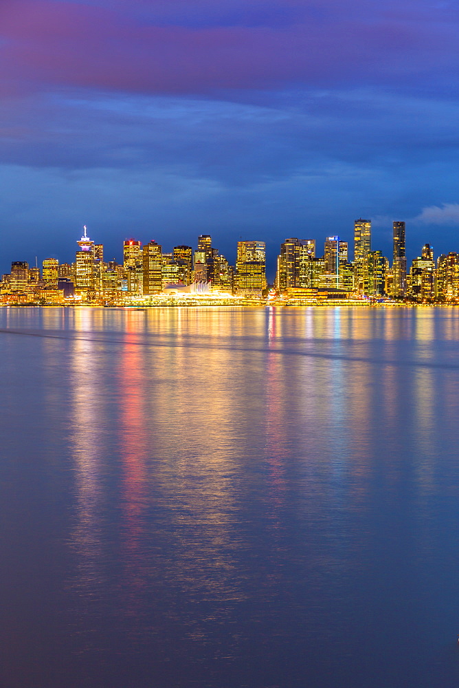 View of Vancouver Downtown from North Vancouver at dusk, Vancouver, British Columbia, Canada, North America