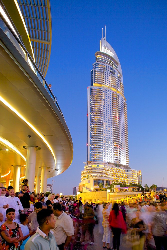 The Address Hotel and Dubai Mall at dusk, Dubai, United Arab Emirates, Middle East