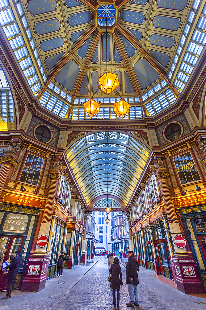 Fisheye view of interior of Leadenhall Market, The City, London, England, United Kingdom, Europe