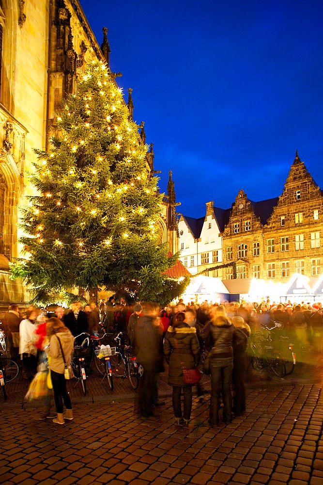 St. Lambert's Church and Prinzipalmarkt at Christmas, Munster, North Rhine-Westphalia, Germany, Europe