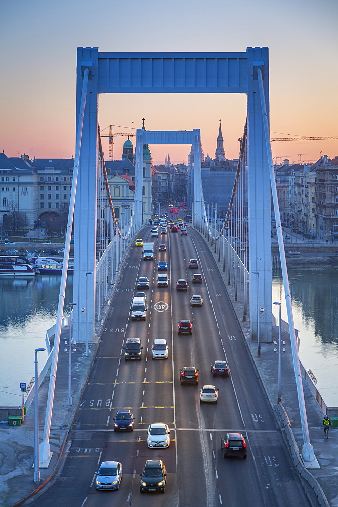 View of Elisabeth Bridge and Danube River at sunrise on winter morning, Budapest, Hungary, Europe