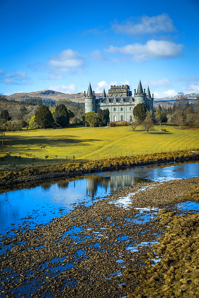 View of Inveraray Castle and River Aray, Argyll and Bute, Scotland, United Kingdom, Europe