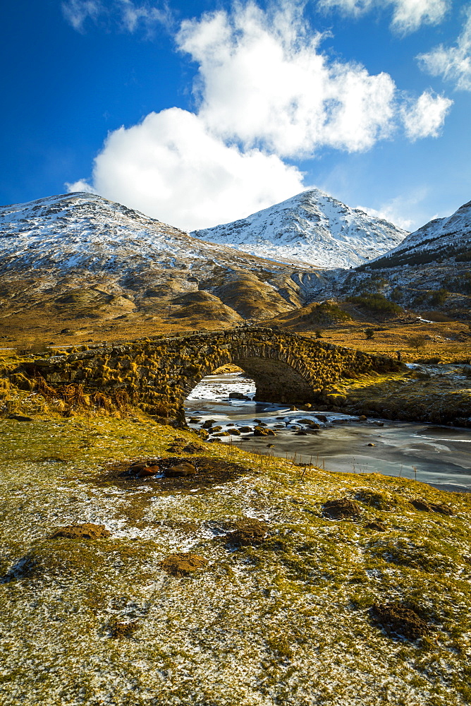 View of mountains and Cattle Bridge in winter, in the Argyll Forest and National Park, Highlands, Scotland, United Kingdom, Europe