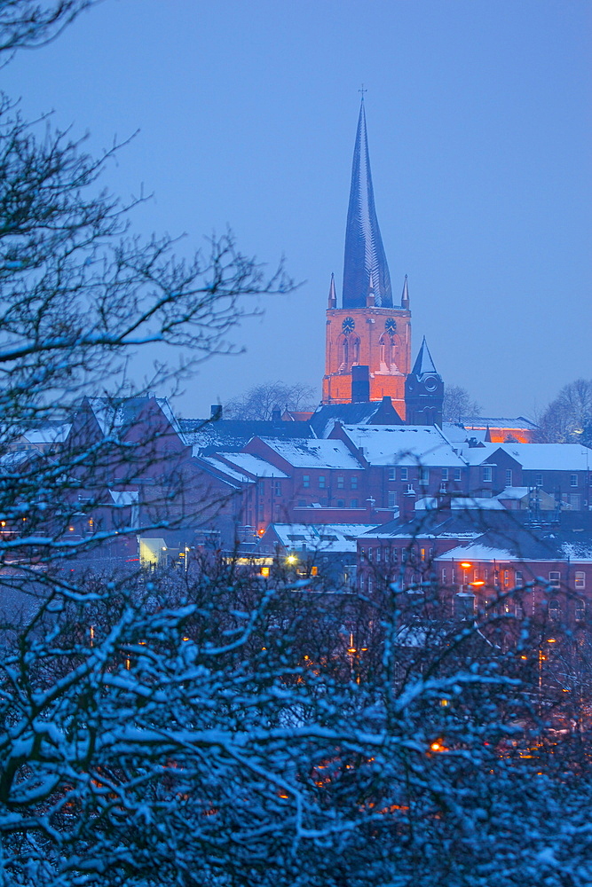 View of town and Crooked Spire Church, Chesterfield, Derbyshire, England, United Kingdom, Europe
