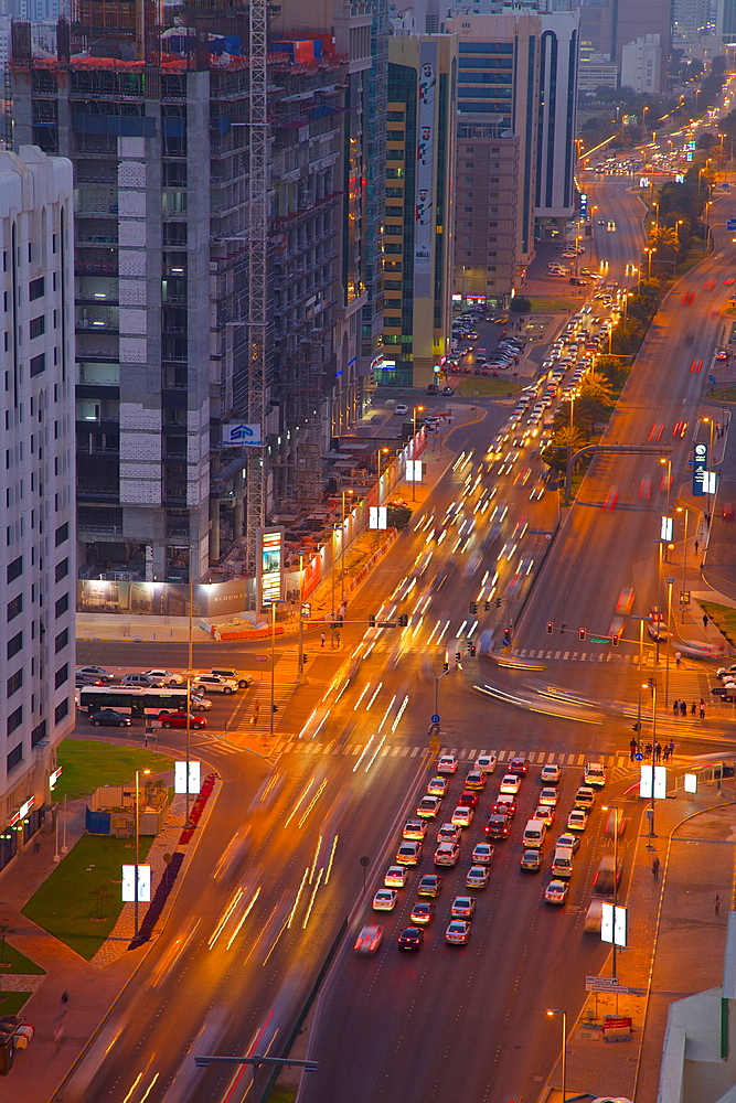 Rashid Bin Saeed Al Maktoum Street at dusk, Abu Dhabi, United Arab Emirates, Middle East