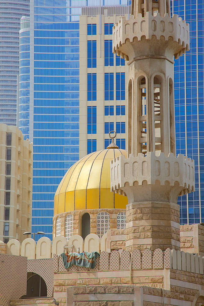 Mosque and contemporary architecture, Abu Dhabi, United Arab Emirates, Middle East