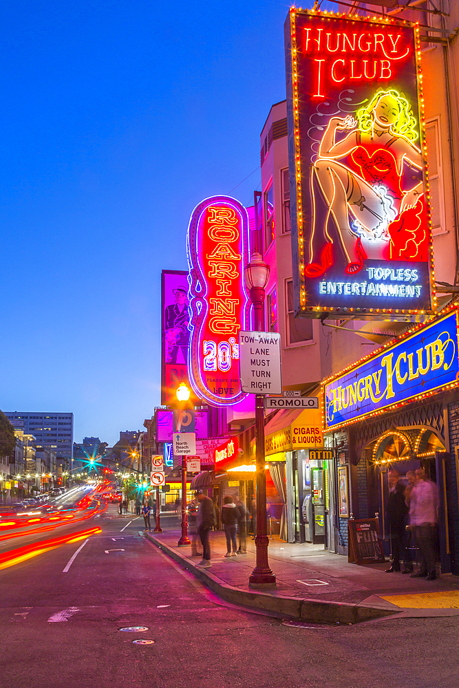 Club signs on buildings in North Beach district, San Francisco, California, United States of America, North America