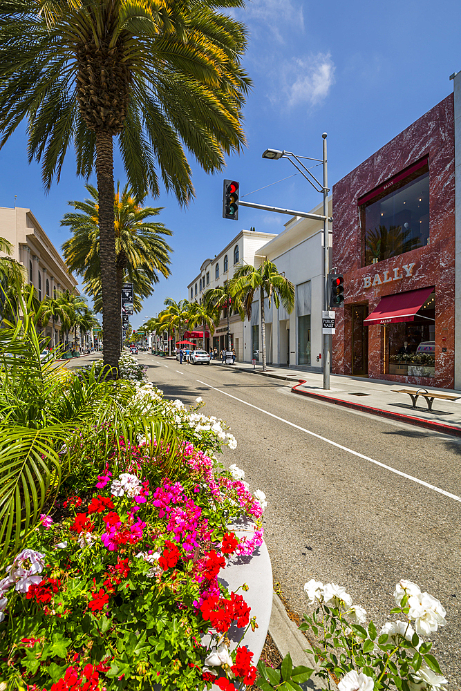 View of shops on Rodeo Drive, Beverly Hills, Los Angeles, California, United States of America, North America