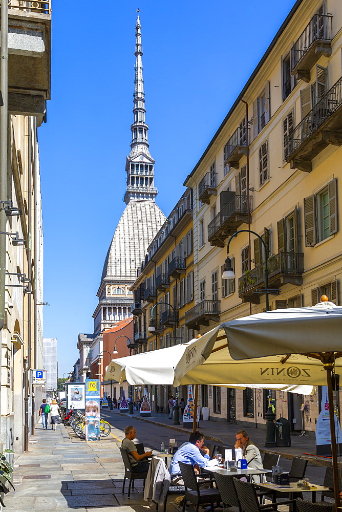 View of Mole Antonelliana and cafe, Turin, Piedmont, Italy, Europe