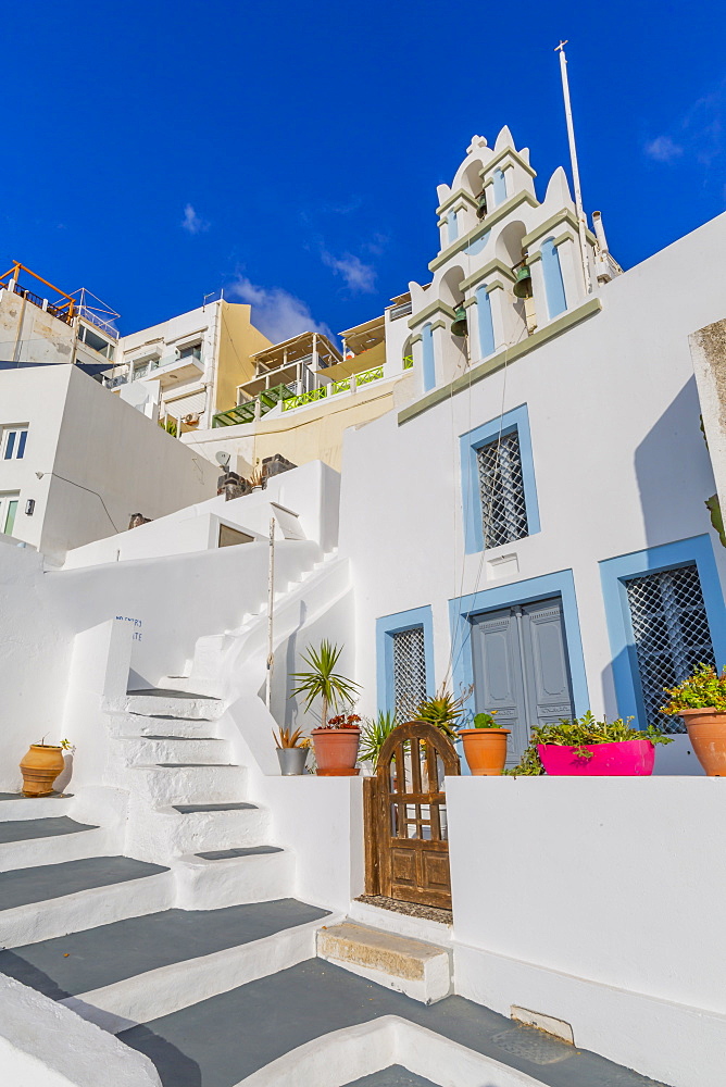 View of traditional Greek church, Firostefani, Santorini (Thira), Cyclades Islands, Greek Islands, Greece, Europe