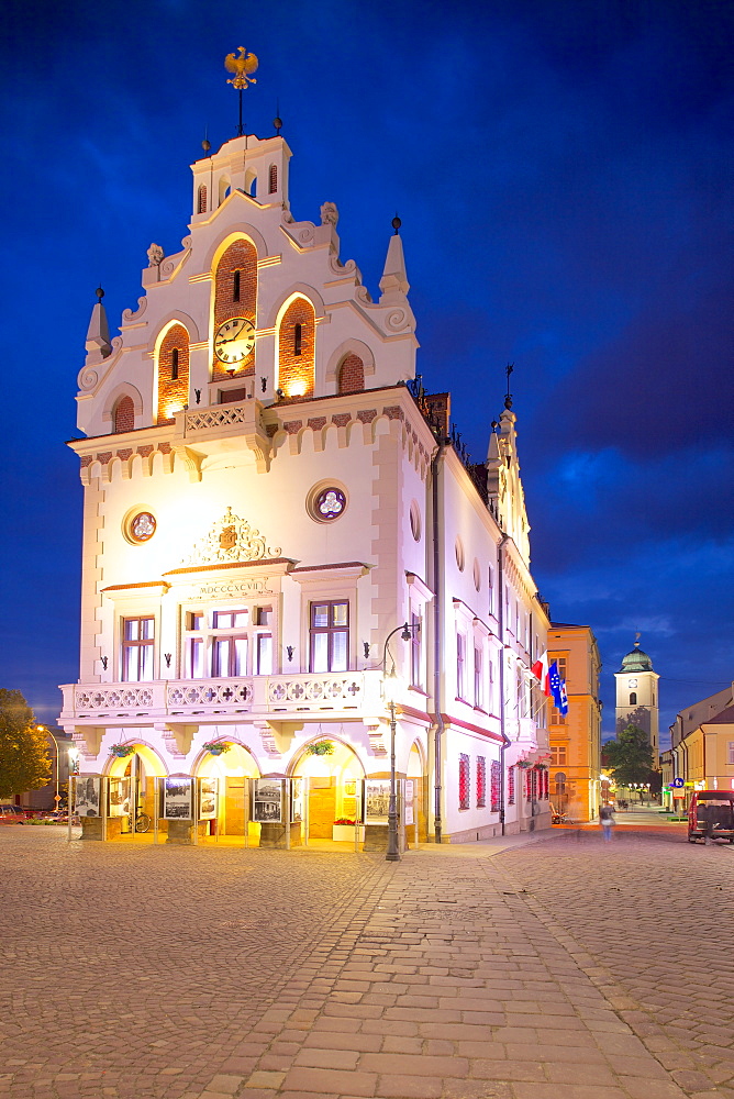 City Hall at dusk, Market Square, Old Town, Rzeszow, Poland, Europe