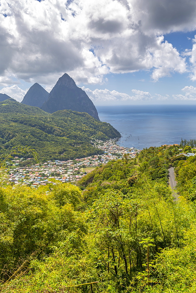 View of Soufriere with the Pitons, UNESCO World Heritage Site, beyond, St. Lucia, Windward Islands, West Indies Caribbean, Central America