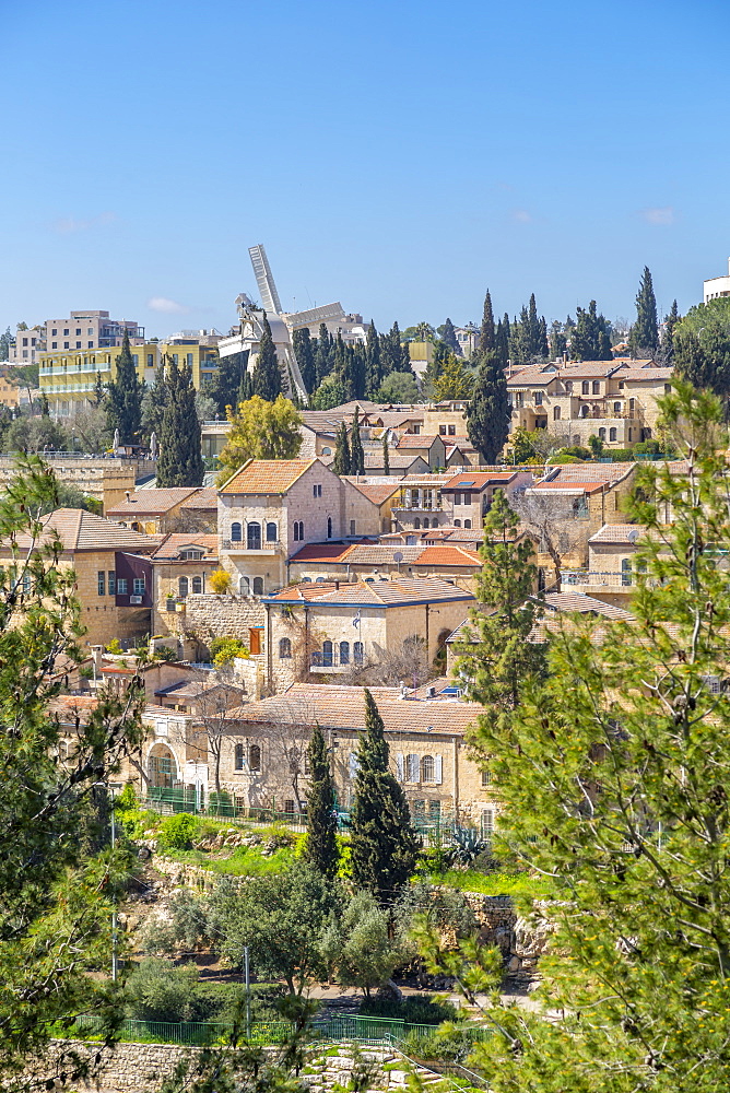 Montefiore Windmill viewed from Old City Wall, Old City, UNESCO World Heritage Site, Jerusalem, Israel, Middle East